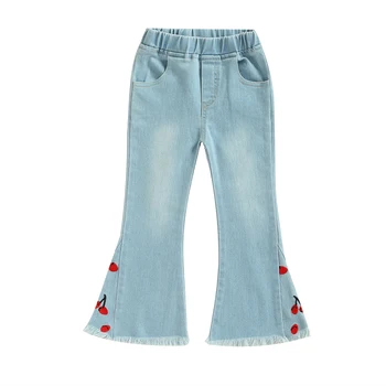 Джинсовые штаны для маленьких младенцев, расклешенные джинсы с вишневой вышивкой на эластичном поясе и карманами от 1 до 6 лет