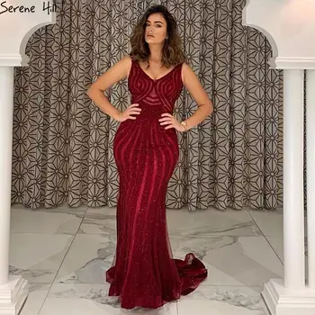 Serene Hill Дубай Бордовое роскошное вечернее платье русалки 2023 с V-образным вырезом и бриллиантами, официальная одежда для вечеринок Gwon CLA6693