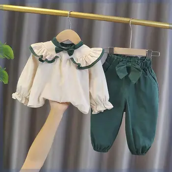 Весенне-осенний костюм для девочек с бантом, 2023, новый стиль, мягкие хлопковые модные рубашки с оборками, детские милые брюки, комплект из двух предметов