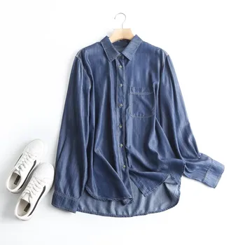 джинсовая рубашка, женская блузка с отложным воротником, весенняя джинсовая рубашка с длинным рукавом и карманом, женская синяя джинсовая рубашка, блузка из хлопка