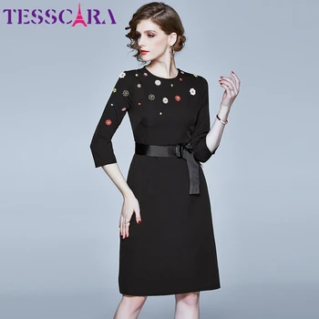 Женское осеннее элегантное платье TESSCARA, расшитое бисером, Festa, женский дизайнерский офисный праздничный халат, высококачественное винтажное коктейльное платье
