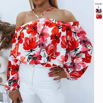Блузка женская Летняя 2023, рубашка с прямым вырезом и длинным рукавом, темпераментный сексуальный топ с принтом на шнуровке Женская Куртка