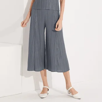 Широкие плиссированные брюки Miyake, Летние женские эластичные брюки длиной до икр, брюки для бега трусцой, брюки с высокой талией, 5021