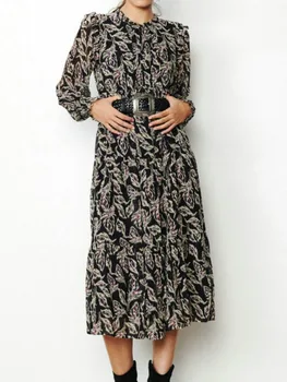 Женское платье Миди с вышивкой и принтом из перьев, оборки на эластичной талии, пуловер в стиле ретро с длинным рукавом, Весенне-летнее женское платье, новинка 2022 года