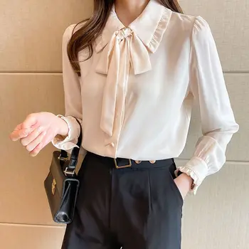 Элегантная рубашка с отложным воротником 2023, Весна-осень, Однотонная стильная шифоновая блузка в Корейском стиле с длинным рукавом, плиссированная A351