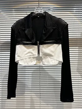 ХАЙ-СТРИТ, новейшая мода 2023, Весенняя дизайнерская куртка с контрастной вставкой, приталенная короткая куртка