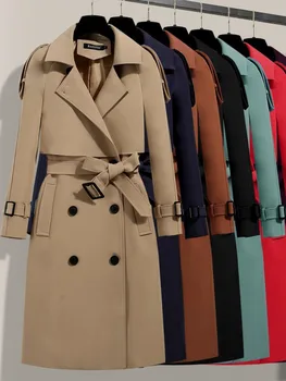 Женское модное двубортное пальто с поясом, классический лацкан, длинный рукав, универсальная ветровка средней длины, весна-осень