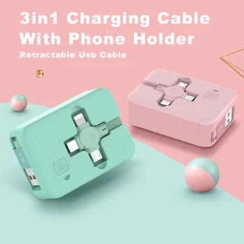4в1 3в1 Быстрая зарядка, выдвижной кабель USB Type C Micro USB для Android iPhone Type C с подставкой для телефона