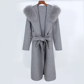 2022 Новое дизайнерское зимнее женское двустороннее шерстяное пальто с меховым капюшоном, длинная верхняя одежда, элегантная одежда