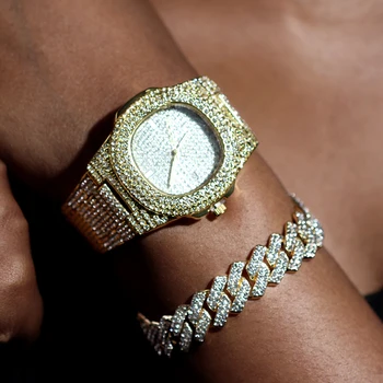 Хип-хоп Женские Мужские часы-браслет Iced Out с полным покрытием из страз, роскошный браслет-цепочка в виде кубинского кольца в виде ромба, набор ювелирных изделий