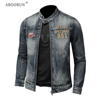 ABOORUN Мужские винтажные джинсовые куртки с вышивкой и воротником стойкой, приталенное джинсовое пальто, брендовая мотоциклетная куртка