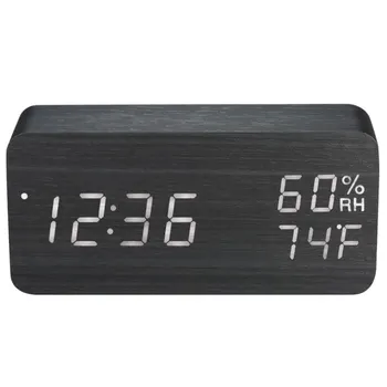 Деревянный светодиодный будильник с цифровым управлением звуком, работающий от USB/аккумулятора, диммер, гигрометр, термометр для помещений, часы