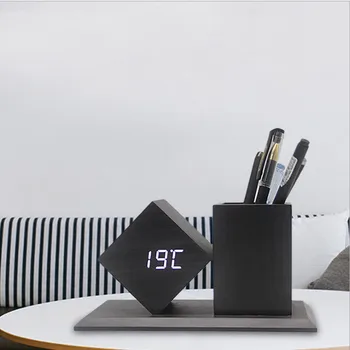 Креативный будильник с голосовым управлением, светодиодные деревянные часы, креативный держатель для ручки, многофункциональный будильник