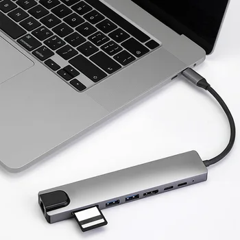 8 в 1 USB C концентратор, совместимый с HDM и I, док-станция для быстрой зарядки Pd, 100 м порт Ethernet для ноутбука Macbook, портативный компьютер