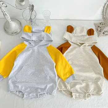 Корейский стиль, комбинезон для новорожденных мальчиков и девочек, Хлопковый комбинезон с капюшоном и длинным рукавом, Весенне-осенняя Детская одежда