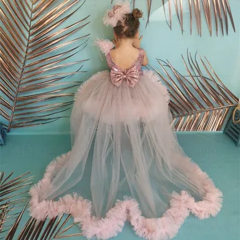 Розовое платье с блестками для девочки в цветочек, пышное платье принцессы со съемным шлейфом, милое платье с бантом для вечеринки по случаю дня рождения ребенка, одежда для первого причастия