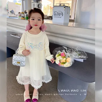 Платье для девочек Весна и осень 2023, Новый Корейский стиль, Модная газовая юбка с бантом для малышей, Детская весенняя одежда, юбка принцессы