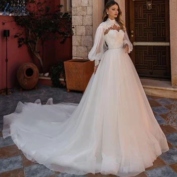 Красивое Шикарное свадебное платье с высоким воротом 2023 Для женщин, кружевное платье невесты с длинными пышными рукавами, свадебные платья из тюля с аппликацией и открытой спиной