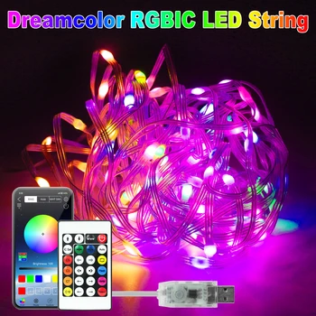 Светодиодные гирлянды Dream Color USB Bluetooth Smart Music WS2812 RGBIC LED Fairy Light Водонепроницаемый IP67 для рождественской вечеринки
